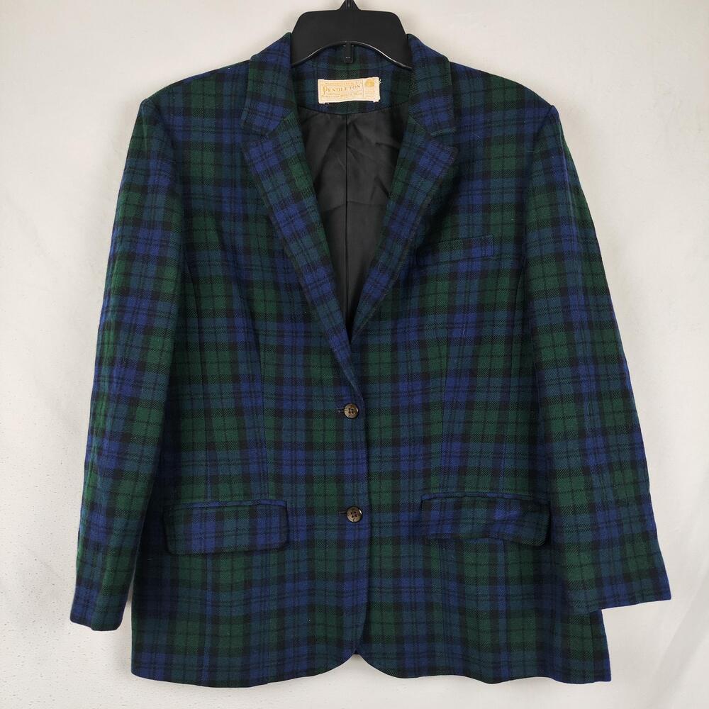 Vintage Pendleton Blazer Womens Medium Green Blue Plaid Wool Tartan Jacket USA